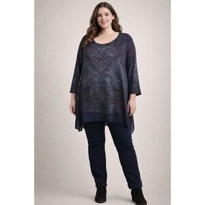 One World Printed Knit 3/4 Sleeve Chiffon Trimmed Sharkbite Tunic Purple Blue